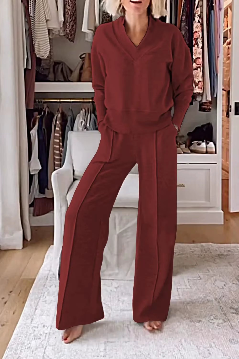 Autumn Winter Casual V-Neck Long Sleeve Sweatshirt Wide Leg Pant Sets Women Solid Loose Pocket Trousers Sports 2-Pieces Sets