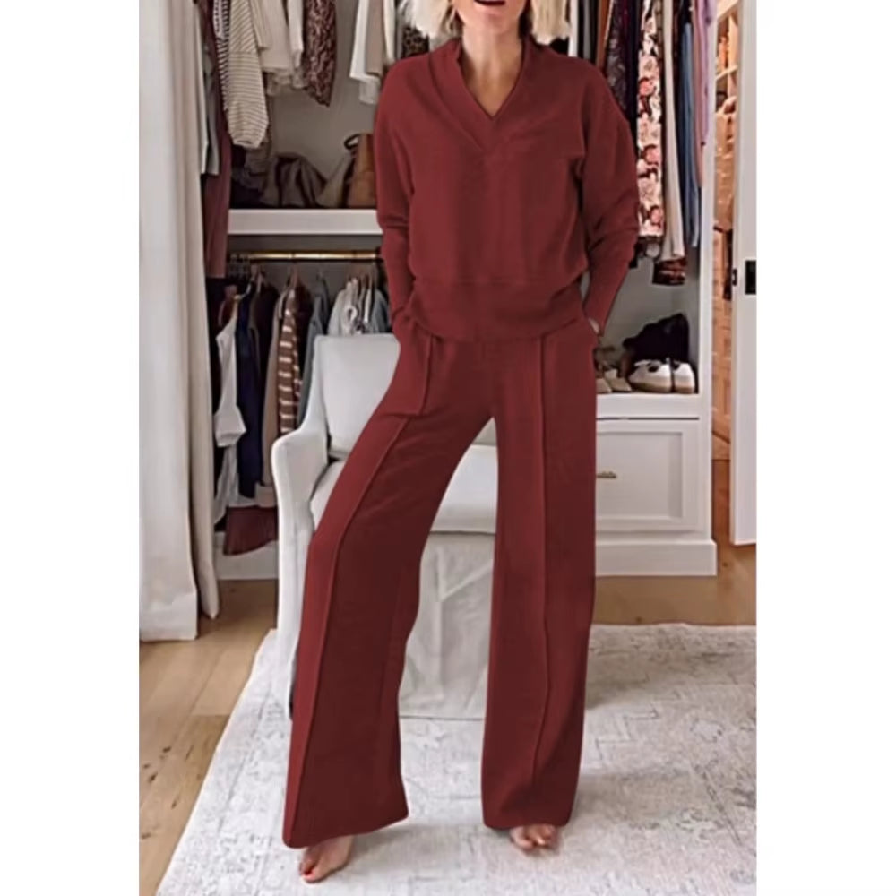 Autumn Winter Casual V-Neck Long Sleeve Sweatshirt Wide Leg Pant Sets Women Solid Loose Pocket Trousers Sports 2-Pieces Sets