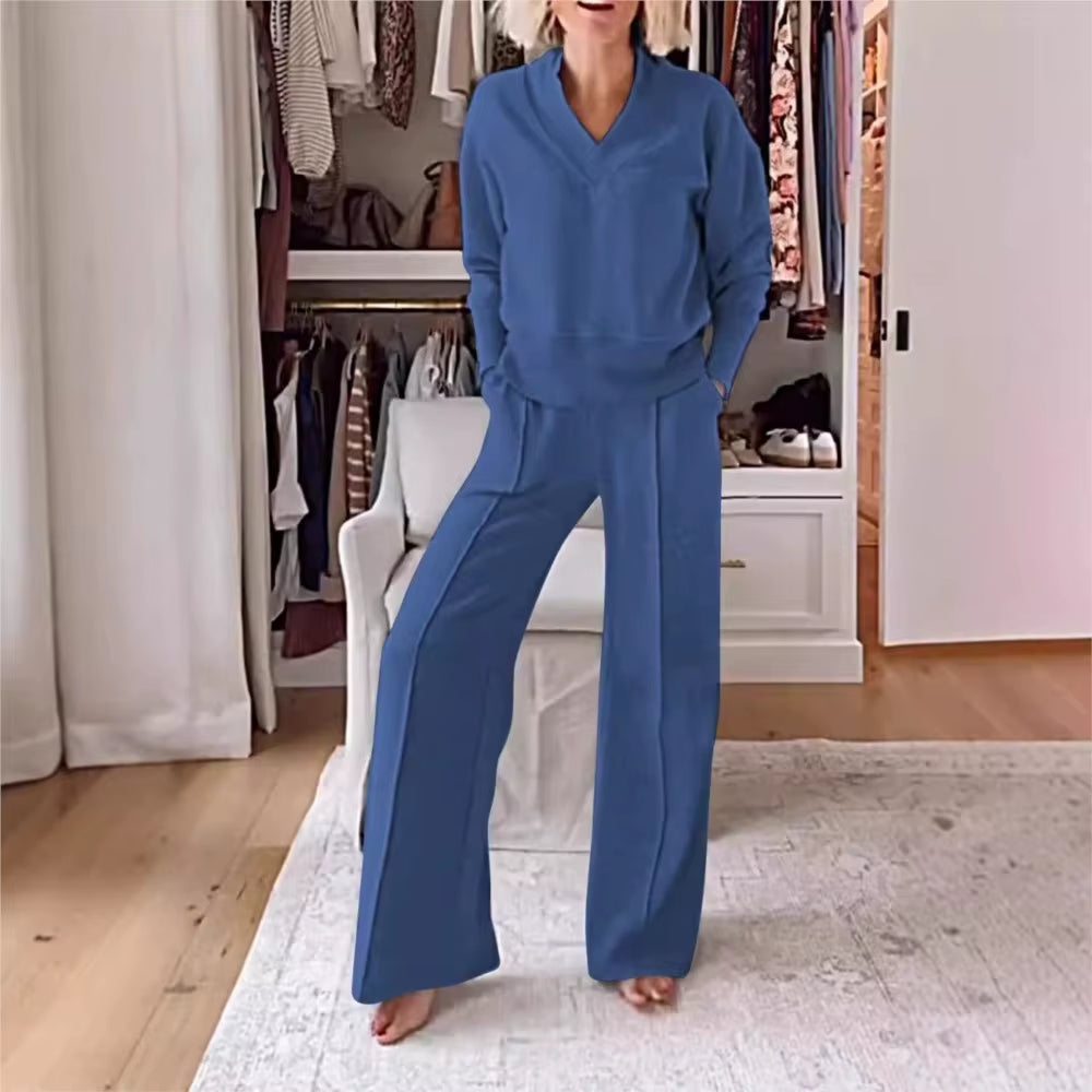 Autumn Winter Casual V-Neck Long Sleeve Sweatshirt Wide Leg Pant Sets Women Solid Loose Pocket Trousers Sports 2-Pieces Sets