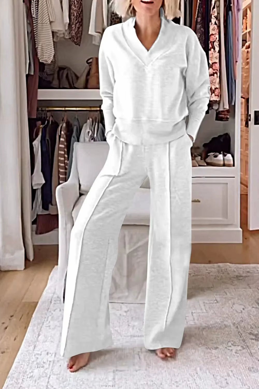 Autumn Winter Casual V-Neck Long Sleeve Sweatshirt Wide Leg Pant Sets Women Solid Loose Pocket Trousers Sports 2-Pieces Sets