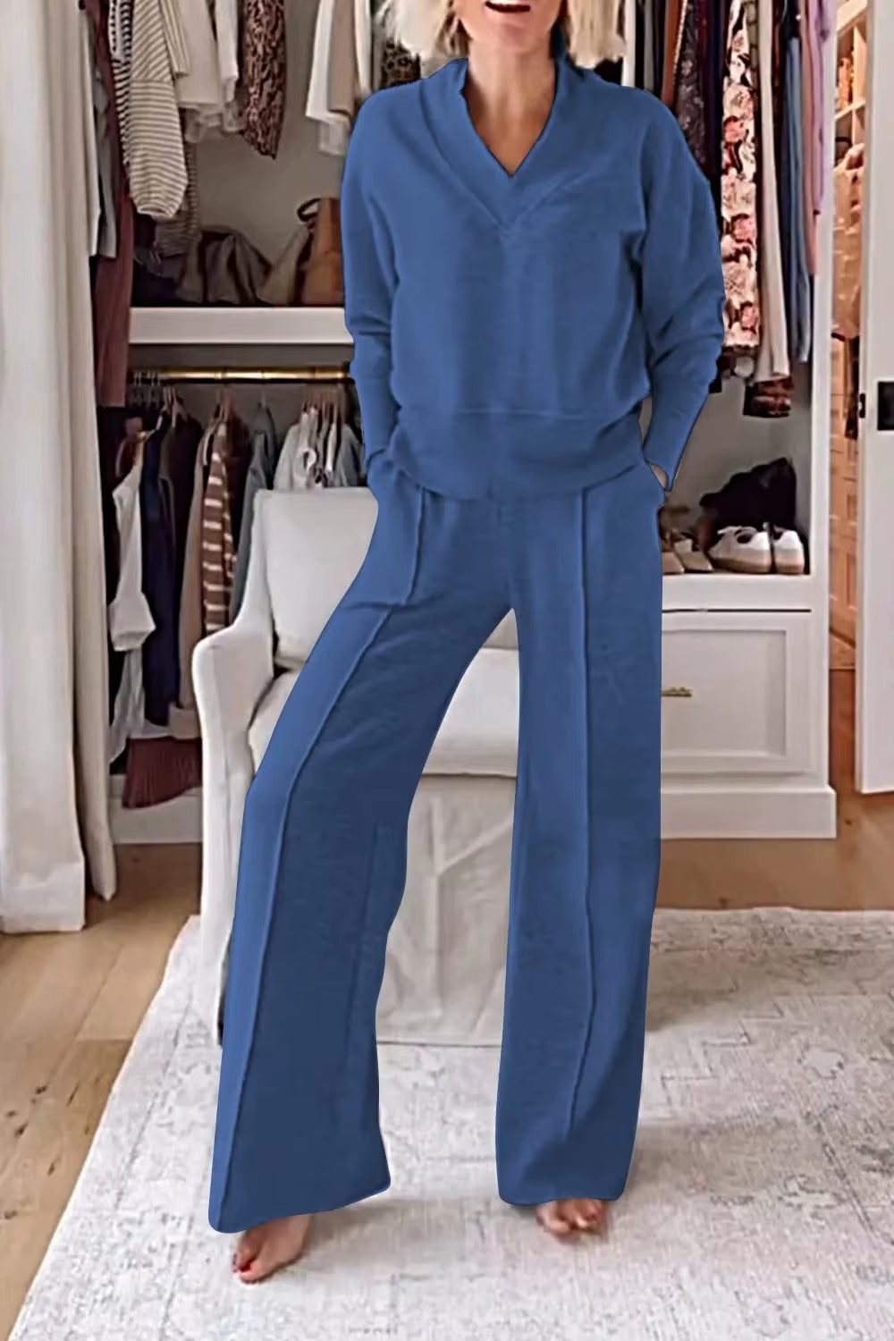 Autumn Winter Casual V-Neck Long Sleeve Sweatshirt Wide Leg Pant Sets Women Solid Loose Pocket Trousers Sports 2-Pieces Sets