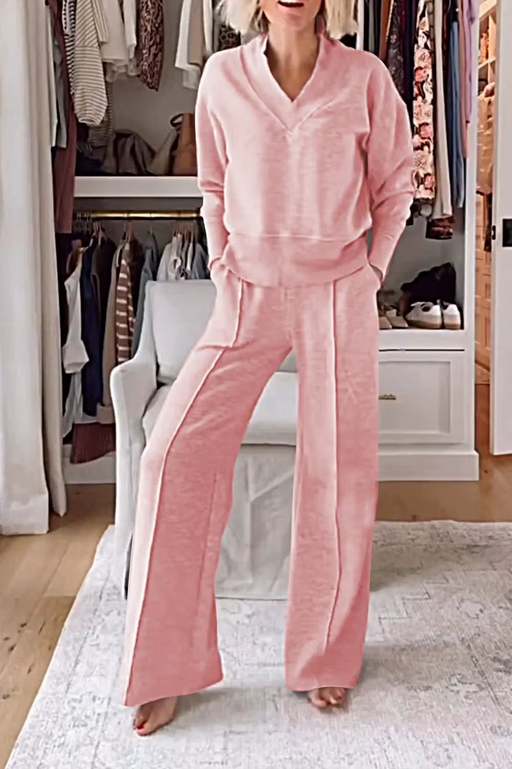 Autumn Winter Casual V-Neck Long Sleeve Sweatshirt Wide Leg Pant Sets Women Solid Loose Pocket Trousers Sports 2-Pieces Sets