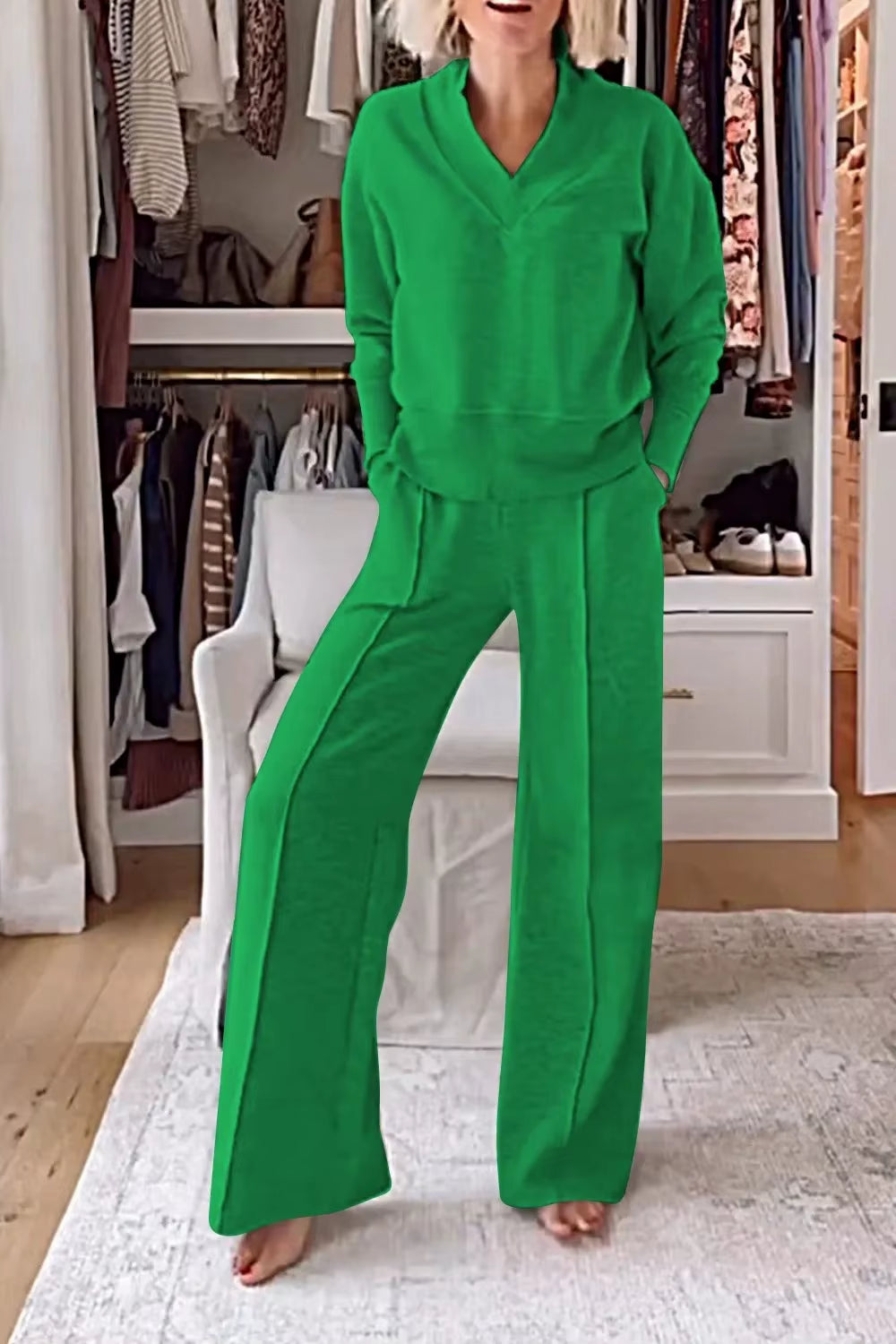 Autumn Winter Casual V-Neck Long Sleeve Sweatshirt Wide Leg Pant Sets Women Solid Loose Pocket Trousers Sports 2-Pieces Sets
