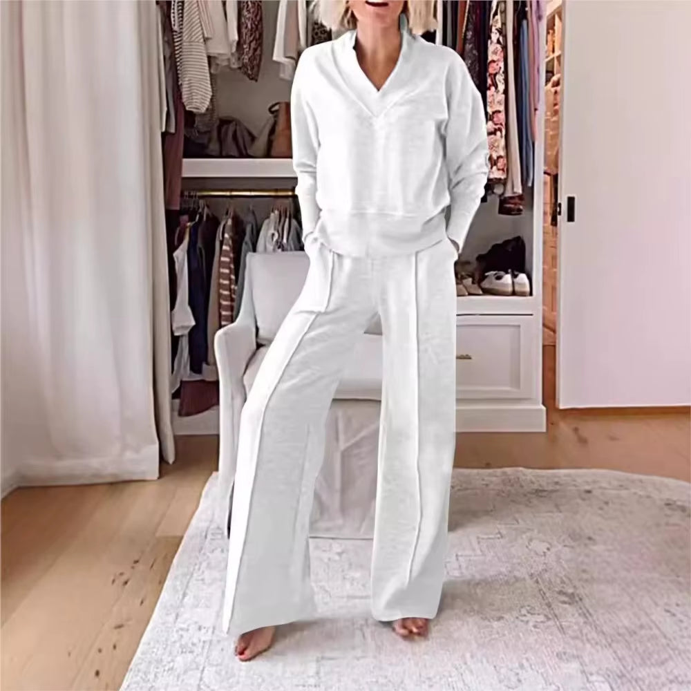 Autumn Winter Casual V-Neck Long Sleeve Sweatshirt Wide Leg Pant Sets Women Solid Loose Pocket Trousers Sports 2-Pieces Sets